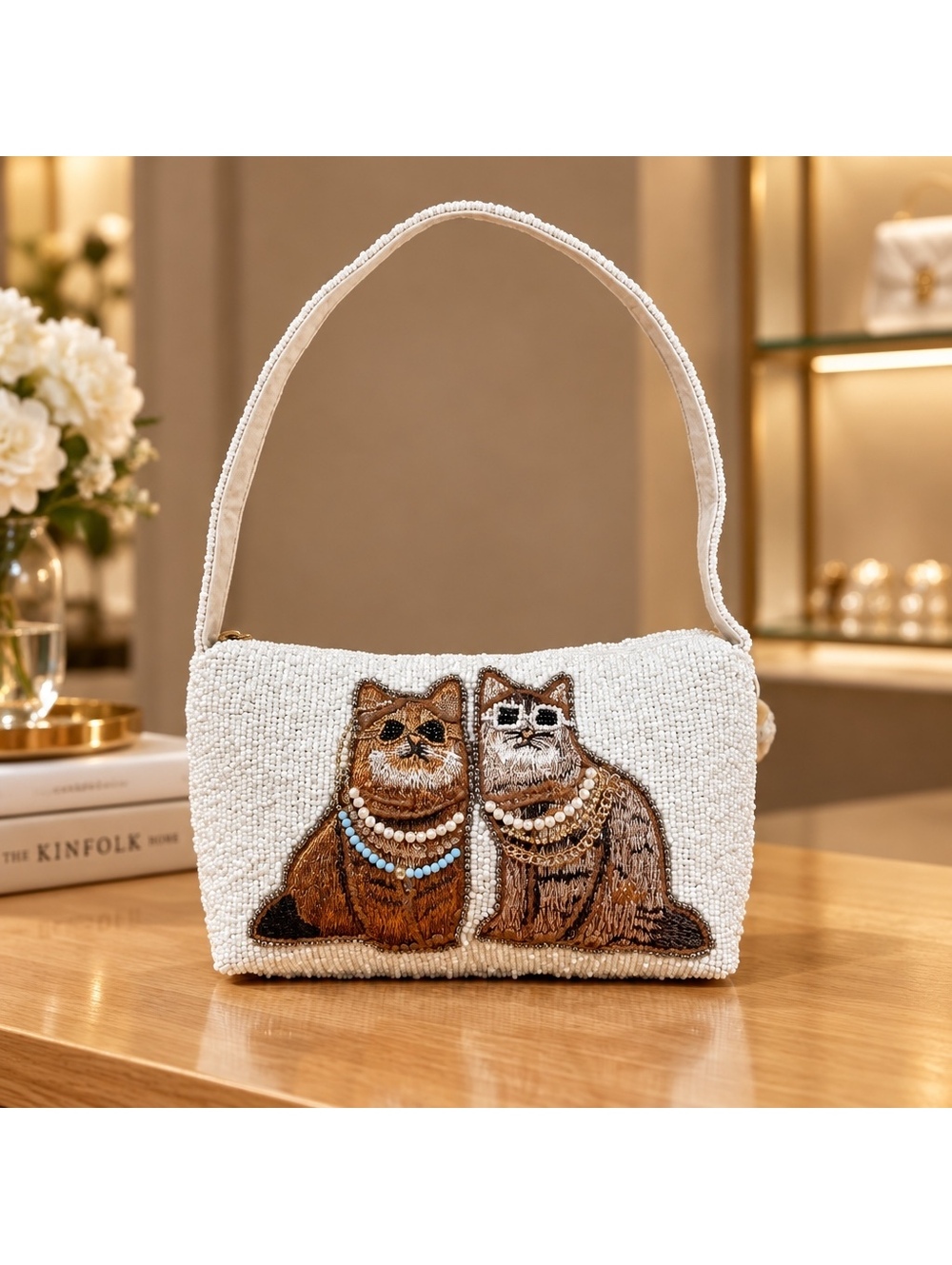 NWT Studio 12 Beaded Cat Shoulder Bag Viral TikTok Purse White Brown